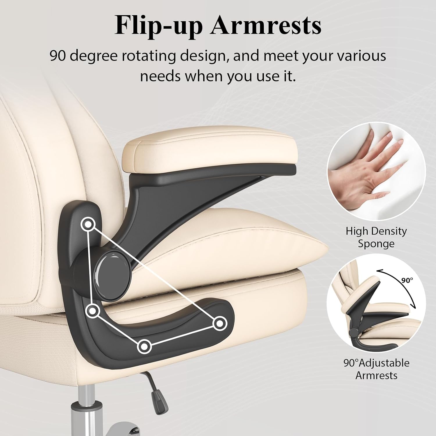 Office Desk Chair, Executive Leather Office Chair, High Back Ergonomic Home Desk Chair with Padded Flip-up Arms, Big and Tall Computer Chair with Rocking Function, 360°Swivel Free, Beige
