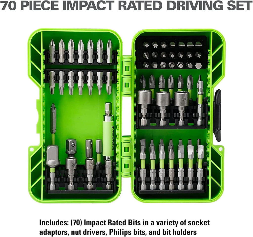 Greenworks 24V Brushless Drill/Driver + Impact Drive Combo Kit, Batteries and Charger Included, with 70-Piece Impact Rated Driving Bit Set