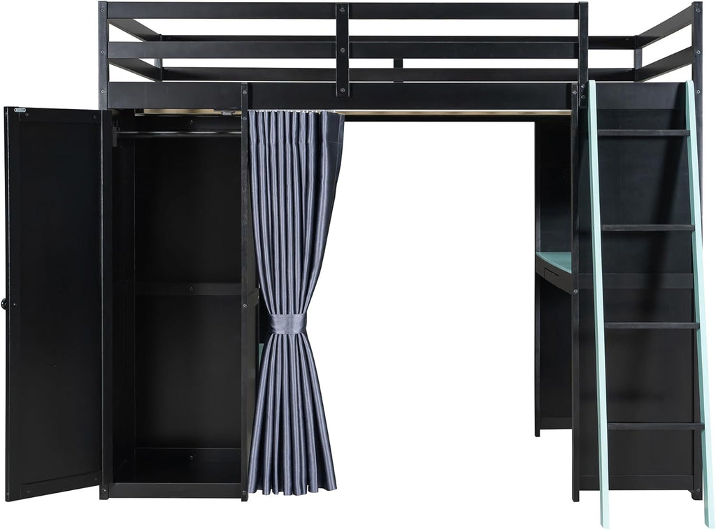 Harper & Bright Designs Gaming Loft Bed Full Size with Desk and Curtain for Privacy, Solid Wood Loft Bed with Shelf and Wardrobe for Storage, RGB Lights, Saving Space, Sturdy Support, Black+Blue