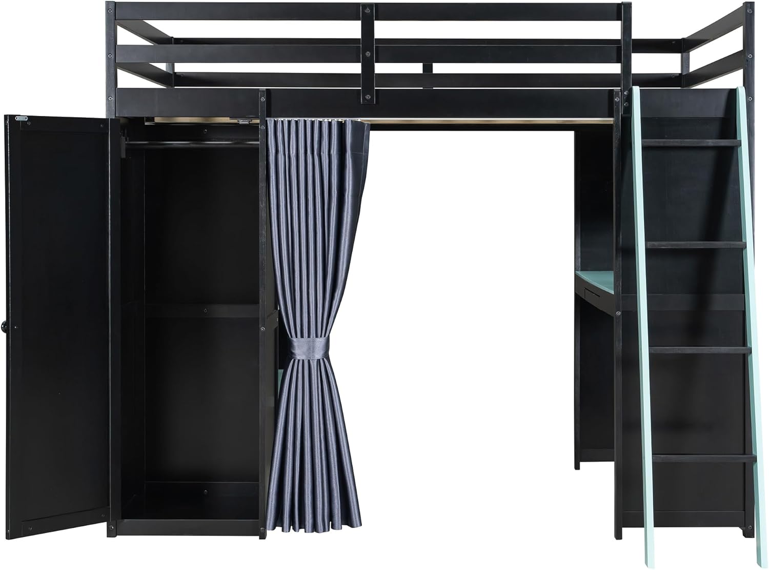 Harper & Bright Designs Gaming Loft Bed Full Size with Desk and Curtain for Privacy, Solid Wood Loft Bed with Shelf and Wardrobe for Storage, RGB Lights, Saving Space, Sturdy Support, Black+Blue