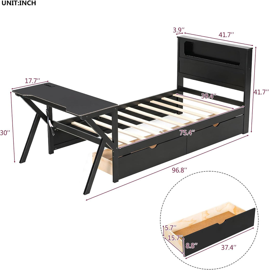 Harper & Bright Designs Twin Size Gaming Loft Bed with Charging Station & LED Headboard, Built-in Desk with Outlets & USB/Type-C Ports, 2 Storage Drawers for Modern Living, Black