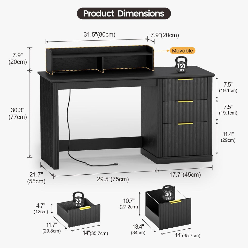Lareth Computer Desk with Monitor Stand, 47 inch Home Office Desk with RGB LED Lights and Power Outlets, Writing Desk with Storage File Drawer for Working Gaming Writing, Black