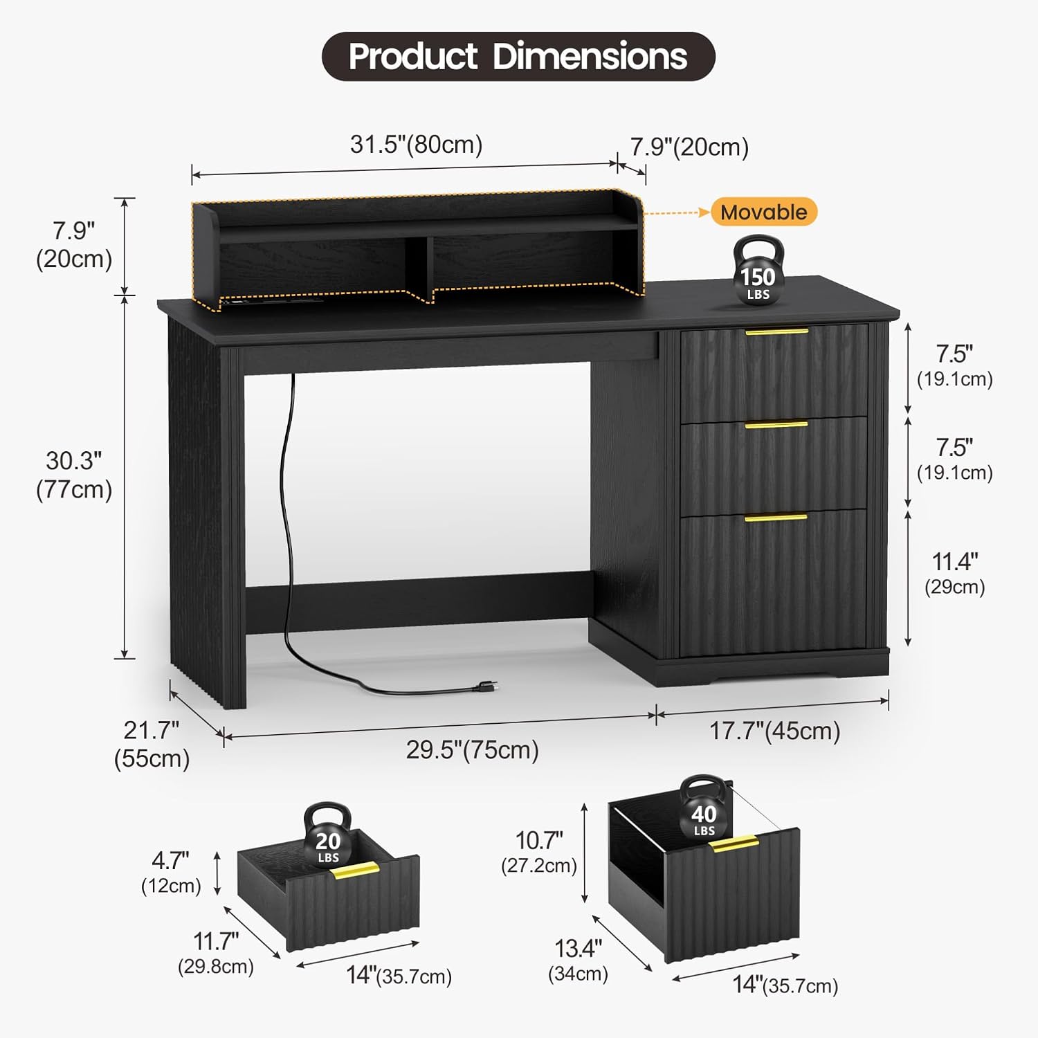 Lareth Computer Desk with Monitor Stand, 47 inch Home Office Desk with RGB LED Lights and Power Outlets, Writing Desk with Storage File Drawer for Working Gaming Writing, Black