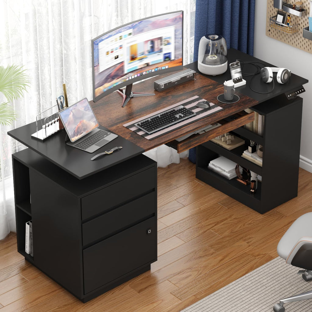 63' Electric Standing Desk with Lockable Drawer, Pegboard and Keyboard Tray, Height Adjustable Stand up Desk with File Cabinet & Shelves, Home Office Computer Gaming Table, Black