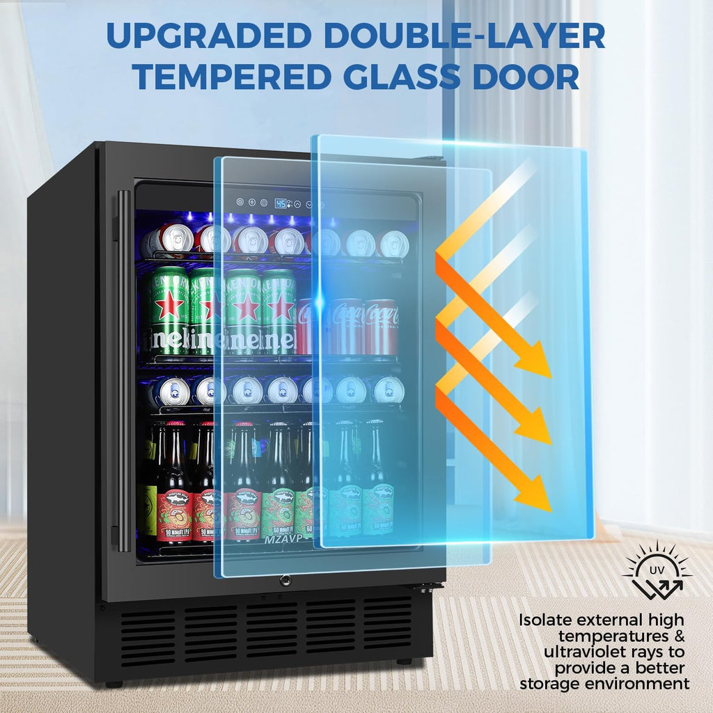 24 Inch Beverage Refrigerator Built-in Under Counter, 180 Cans Large Capacity Drink Fridge with Glass Door, 38dB Whisper Quiet Beer Cooler for Home Bar Office, Front Venting&Temperature Memory, Black