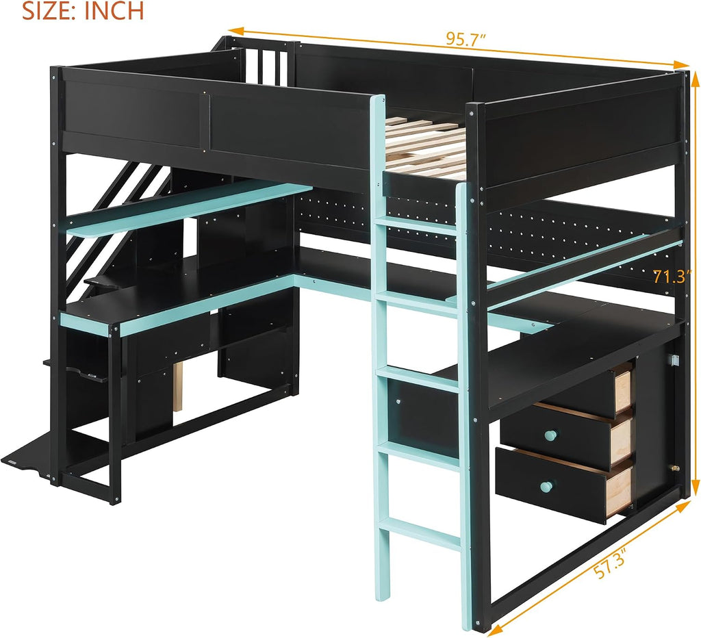 VilroCaz Modern Full Size Gaming Loft Bed with Built-in Desk, Shelves & Pegboard, Wood Loft Bed Frame with Storage Stairs for Kids Teens Adults, Maximize Space Saving (Black+Blue-S, Full)