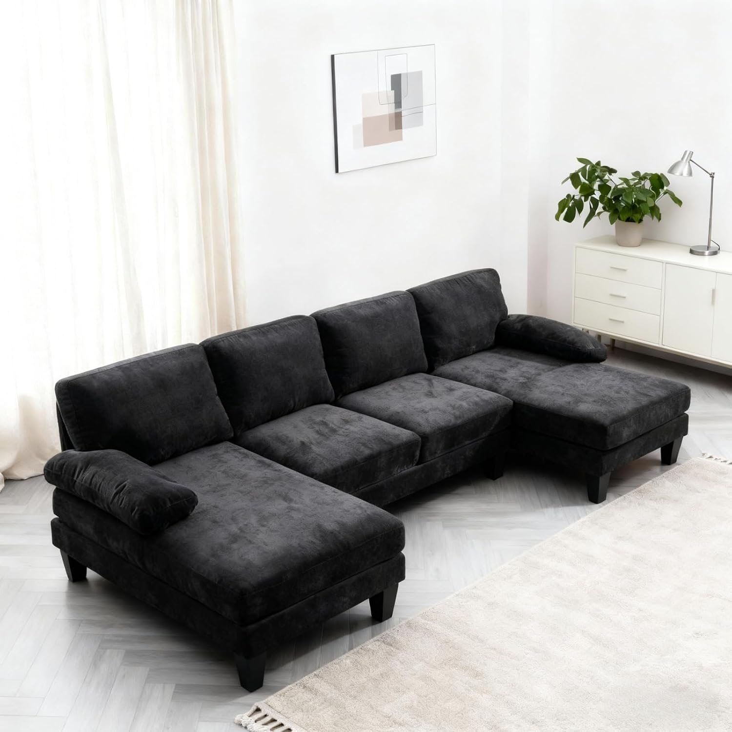 Karl home 111' Sectional Sofa U-Shaped 4-Seat Couch with Chaises Wood Grian Legs Chenille Fabric Upholstered for Living Room, Apartment, Office, Black