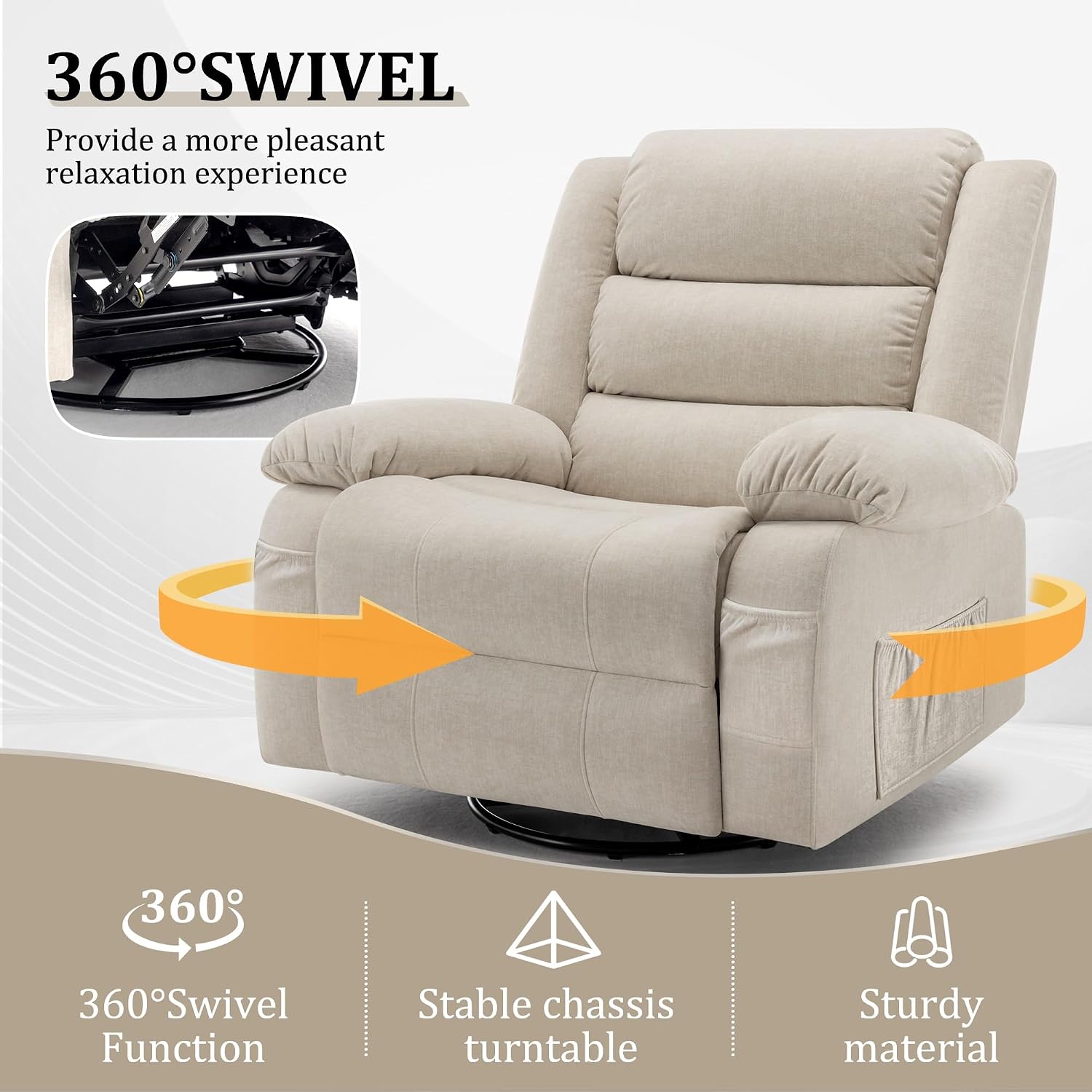 Korser Recliner Chair for Adults, Oversized 360° Swivel Rocker Recliner with Massage and Heat, Wide Nursery Glider Rocking Chair with Side Pockets, Cashmere Reclining Sofa for Living Room (Beige)
