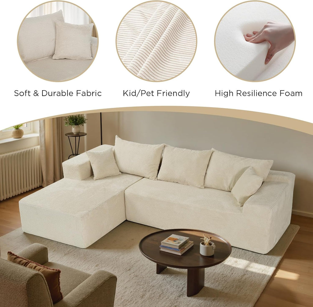 Beige Sectional Couches for Living Room, Boneless Couch with L-Shape Chaise, Modular Sofa in Box with Deep Seat, No Assembly Required