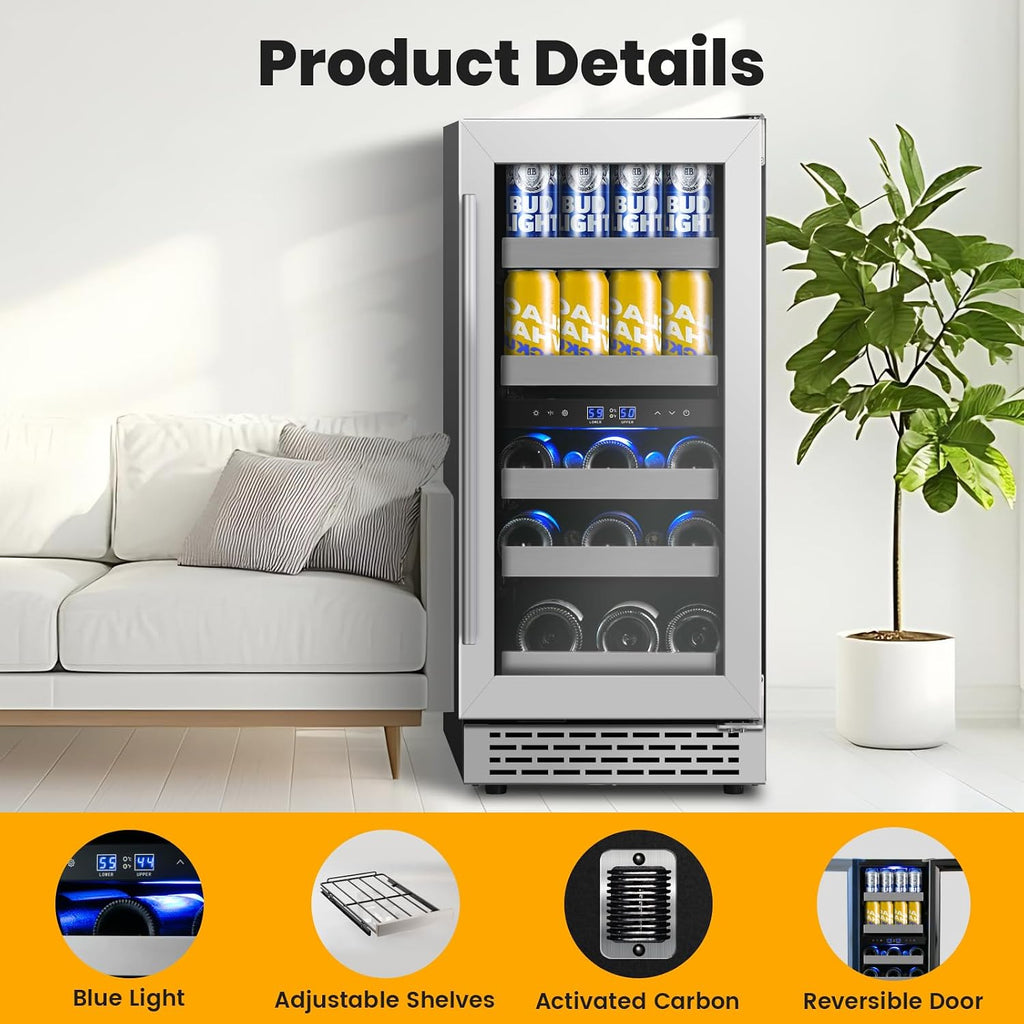 15 Inch Wine and Beverage Refrigerator,13 Bottle & 48 Cans Dual Zone Beverage Fridge with Reversible Glass Door,Freestanding/Under Counter Wine Fridge with 360 Air Cooling for Home Bar Office