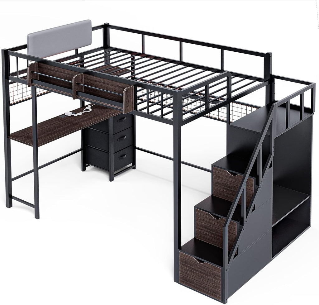 Kikihouse Twin Loft Bed with Desk, Storage Stairs & Wardrobe, Metal Loft Bed Frame w/Headboard, Bedside Shelf, Charging Station & 6 Drawers, LED Gaming Bed for Adult Space-Saving, Black & Walnut