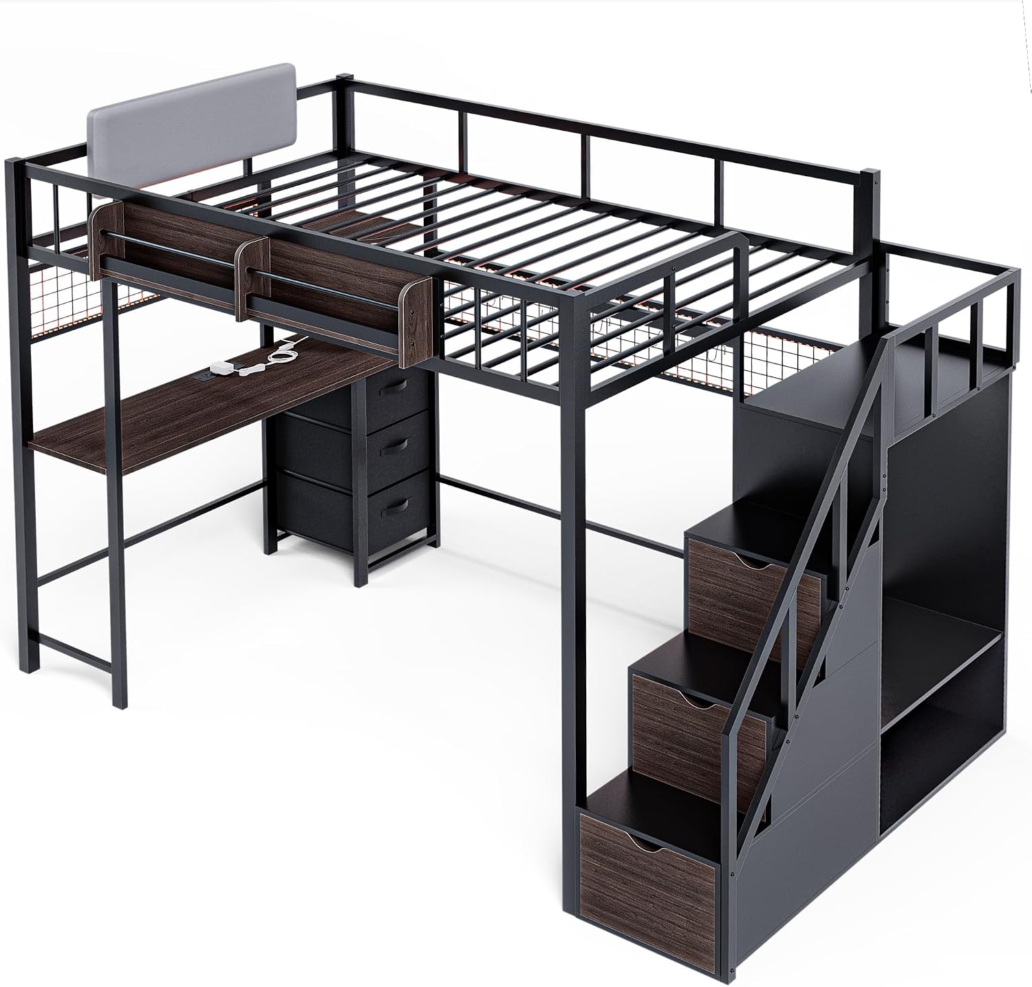 Kikihouse Twin Loft Bed with Desk, Storage Stairs & Wardrobe, Metal Loft Bed Frame w/Headboard, Bedside Shelf, Charging Station & 6 Drawers, LED Gaming Bed for Adult Space-Saving, Black & Walnut
