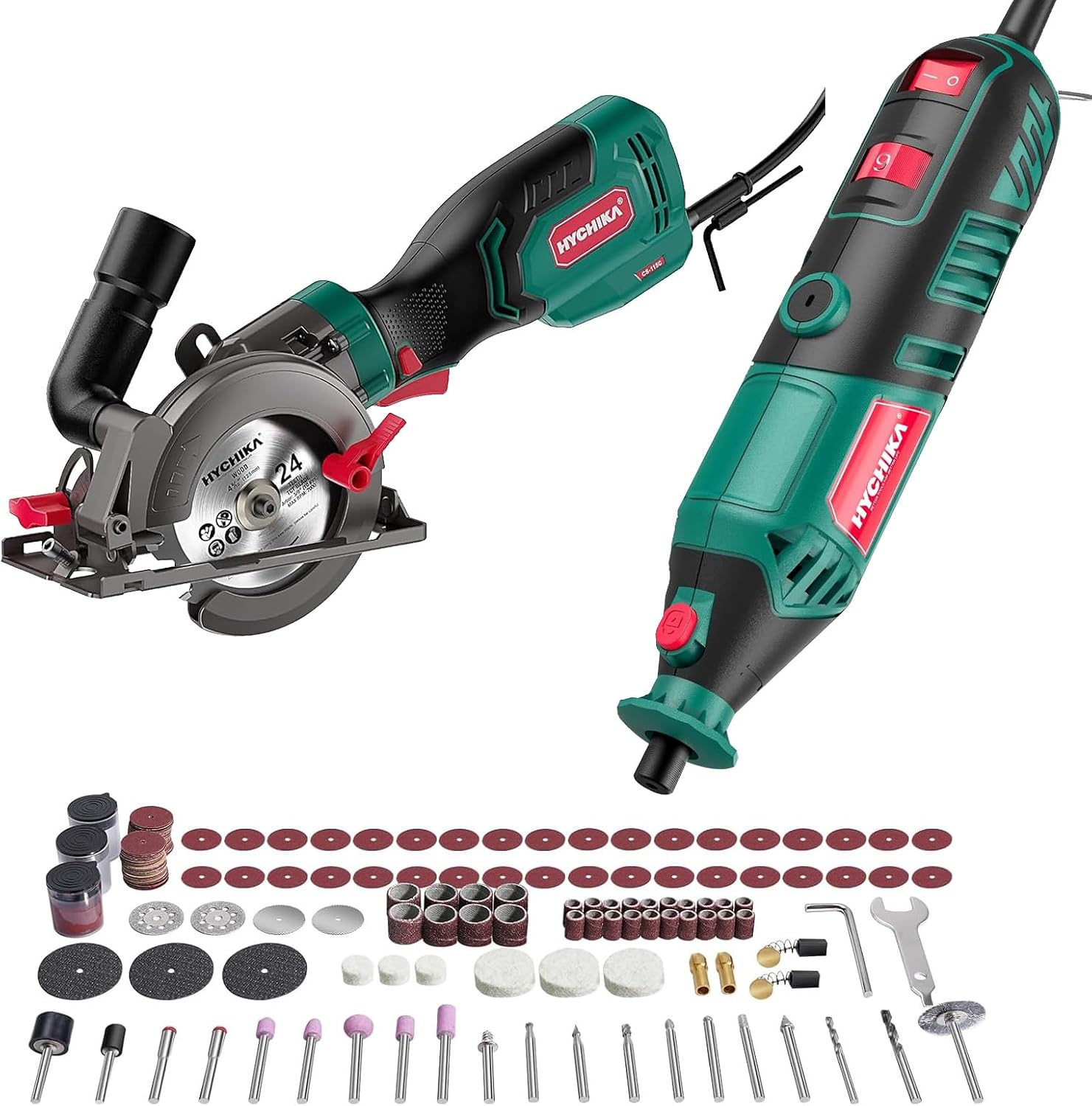 HYCHIKA 180W Variable Speed Rotary Tool 173pcs Accessories Kit,6.2A Mini Circular Saw with 3 Blades,2-Tool Power Tool Set Combo Kit