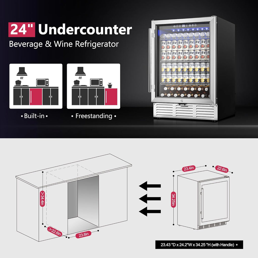 Icyglee 24 Inch Beverage Refrigerator, Beverage Cooler 180 Can Built-in Design, Under Counter Beer Fridge with Glass Door for Soda, Wine, Water - For Kitchen, Office or Bar
