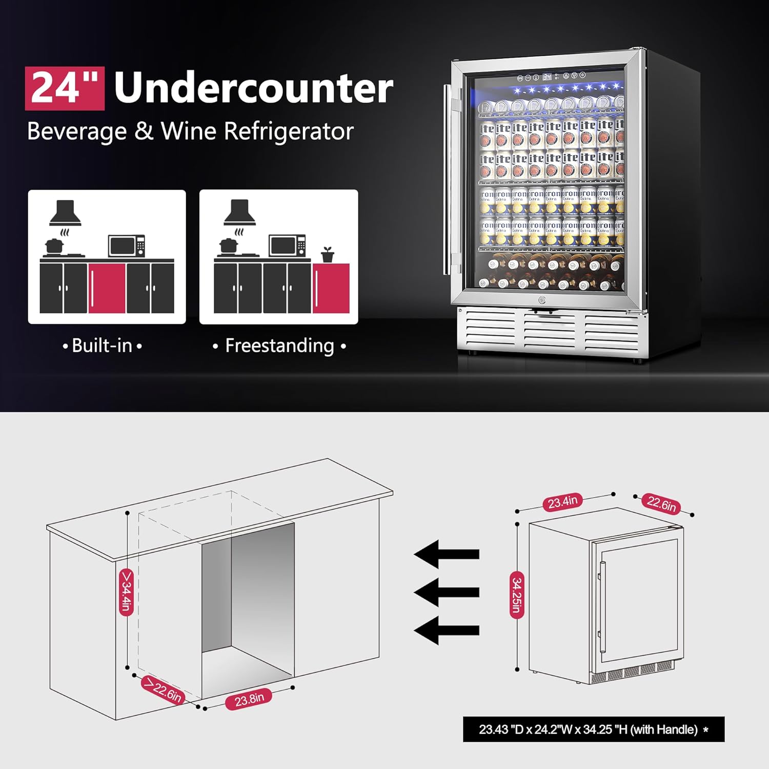 Icyglee 24 Inch Beverage Refrigerator, Beverage Cooler 180 Can Built-in Design, Under Counter Beer Fridge with Glass Door for Soda, Wine, Water - For Kitchen, Office or Bar