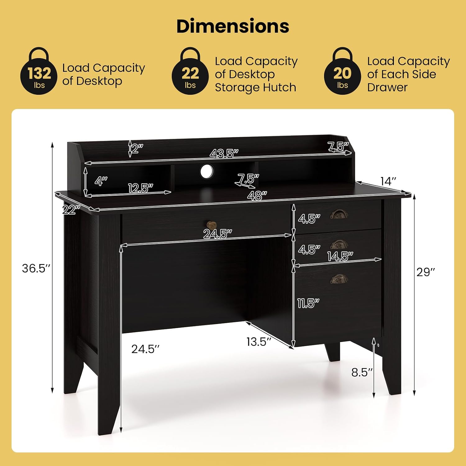 Tangkula Computer Desk with 4 Storage Drawers & Hutch, Home Office Desk Vintage Desk with Storage Shelves, Wooden Executive Desk Writing Study Desk (Black)