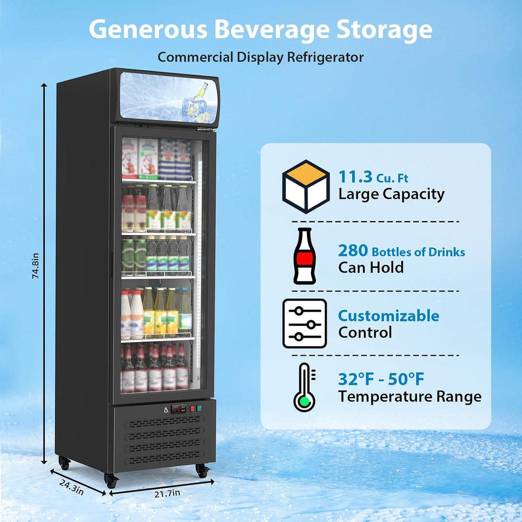 IDEALHOUSE 13.4 Cu.Ft Commercial Display Refrigerator, Single Glass Door Beverage Cooler with 4 Adjustable Shelves & LED Lighting, Black Drink Fridge for Store or Home
