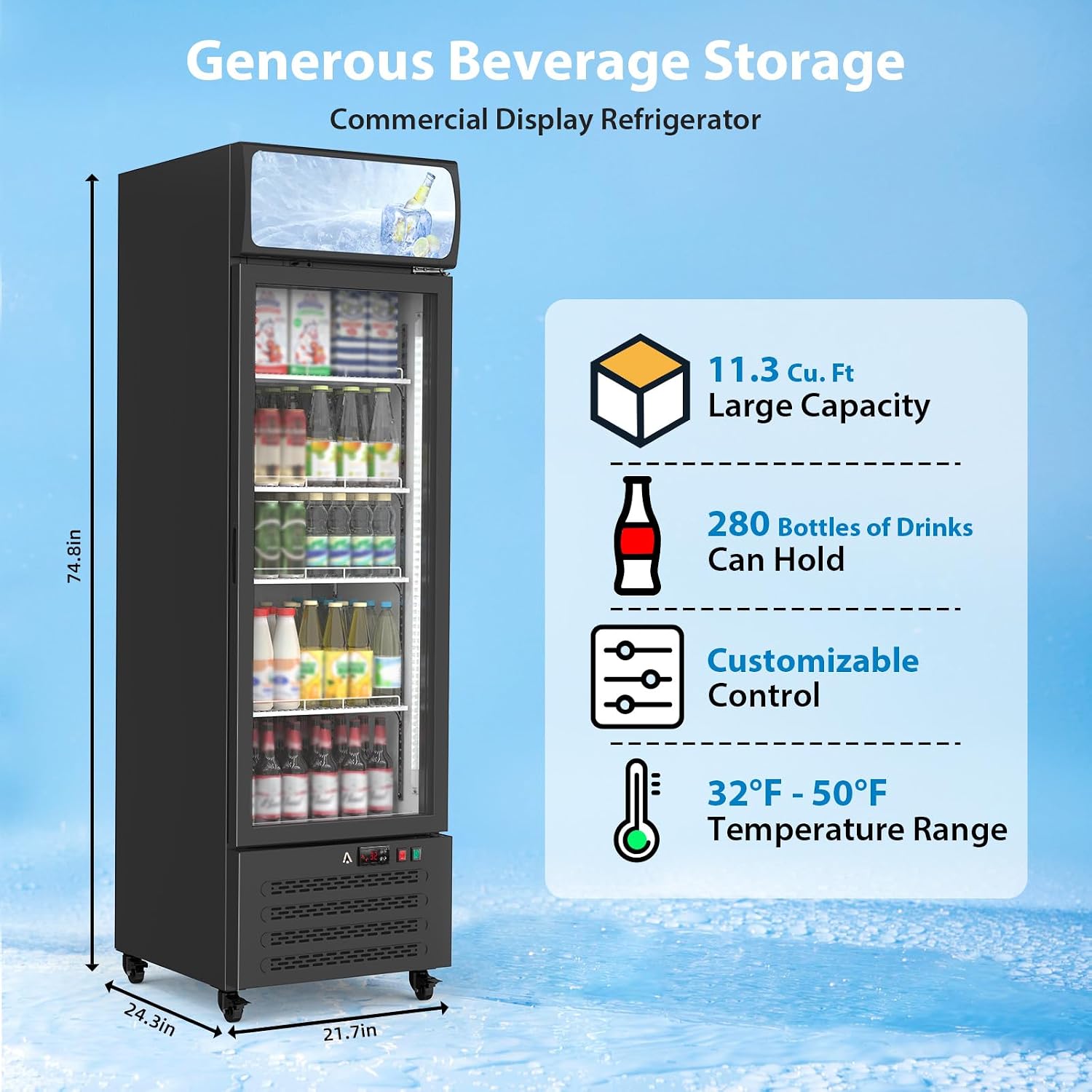 IDEALHOUSE 13.4 Cu.Ft Commercial Display Refrigerator, Single Glass Door Beverage Cooler with 4 Adjustable Shelves & LED Lighting, Black Drink Fridge for Store or Home