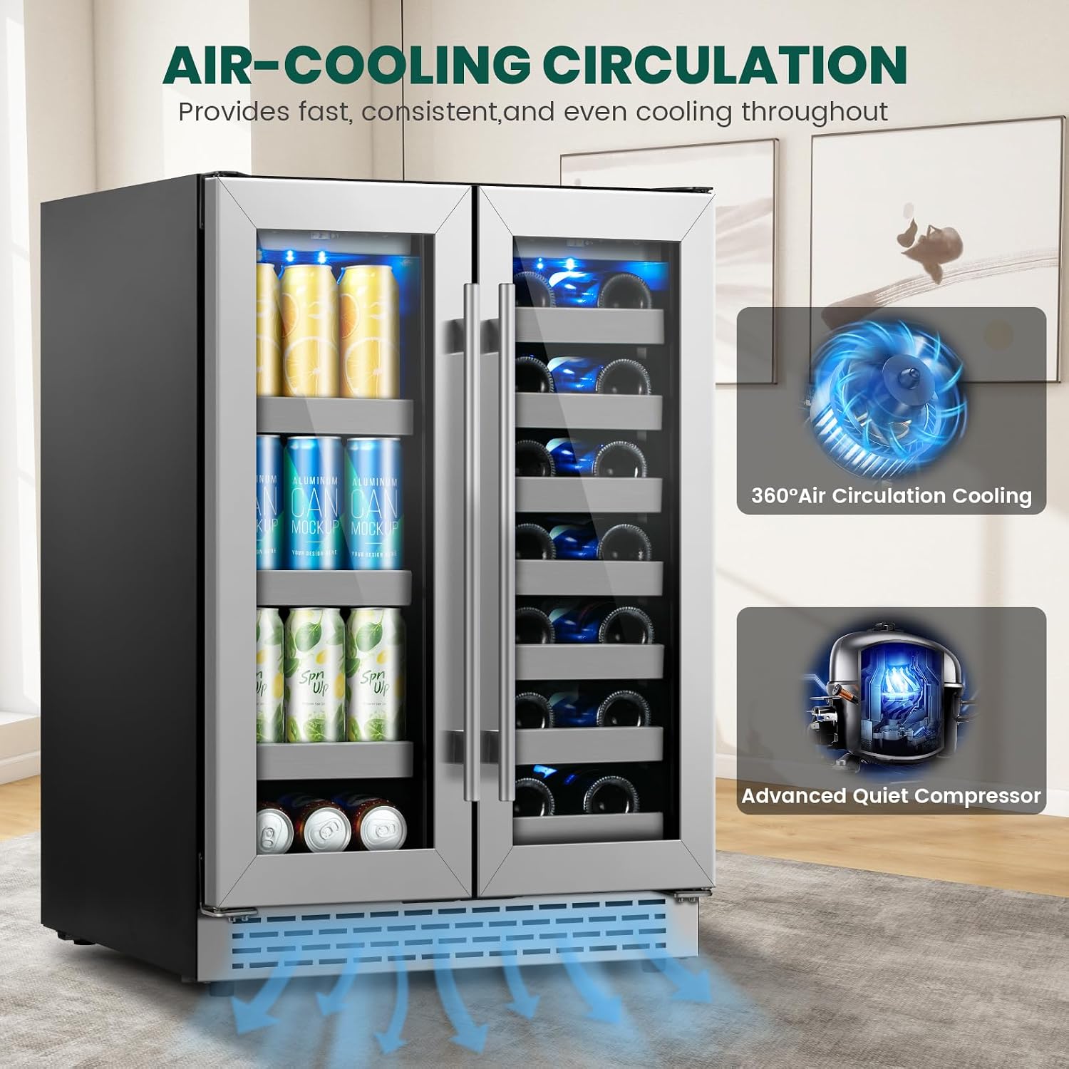 Dual Zone 24 inch Wine and Beverage Refrigerator,20 Bottles and 88 Cans Wine Cooler Refrigerator with Glass Door,Upgraded Beverage Fridge Under Counter or Freestanding for Beer Soda Bar
