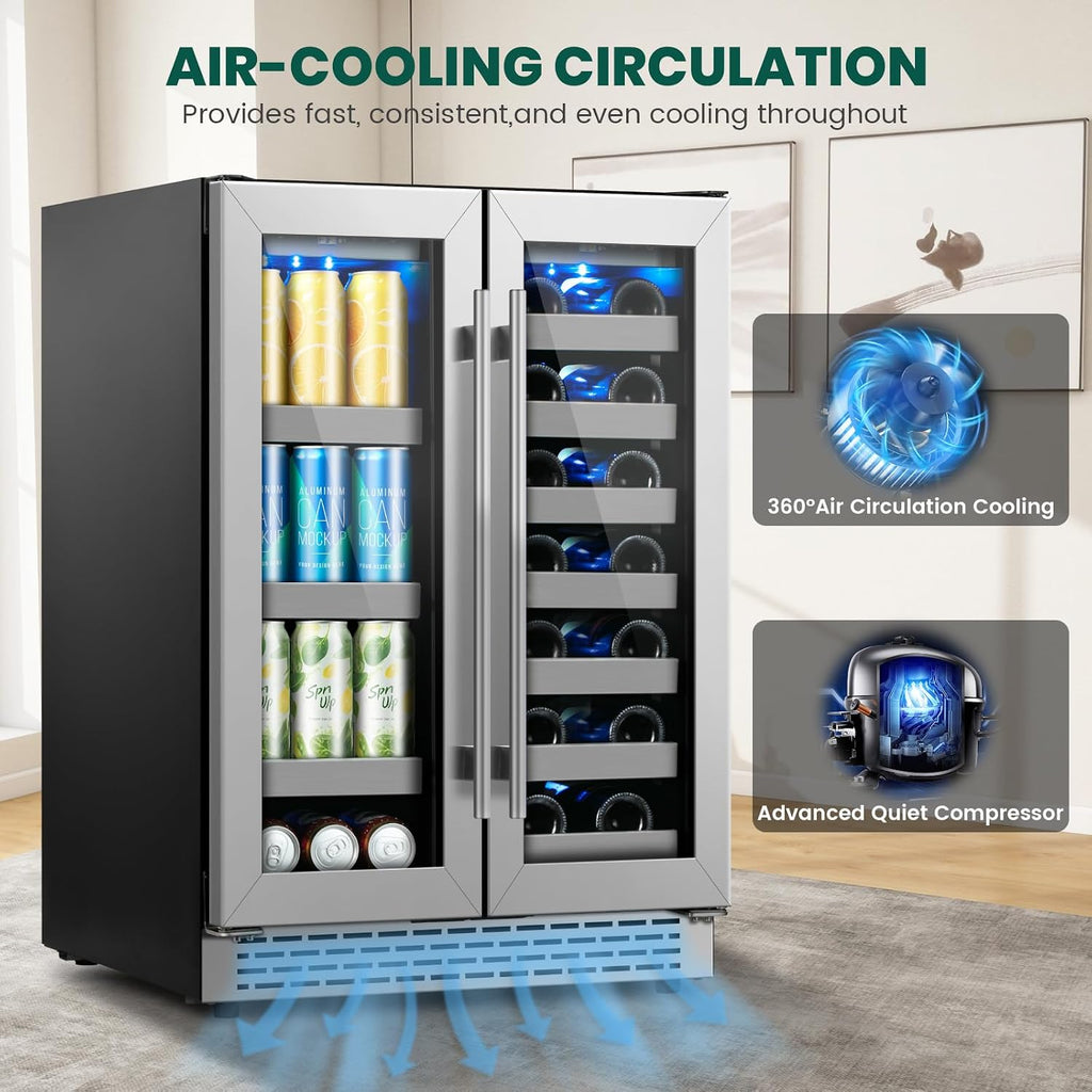 24 inch Wine and Beverage Refrigerator, Upgraded Dual Zone Wine Cooler Refrigerator with Glass Door, 20 Bottles and 88 Cans Beverage Fridge Under Counter or Freestanding for Beer Soda Bar