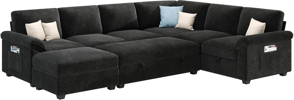 VanAcc 105' Sofa Bed, Sectional Sleeper Sofa with Pull Out Bed/Reclining Backrest, 6 Seater Couches for Living Room, Sleeper Couch Bed with Storage, Chenille Black