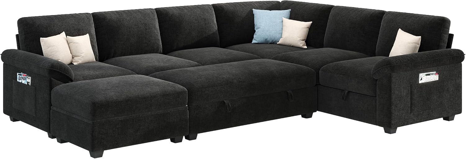 VanAcc 105' Sofa Bed, Sectional Sleeper Sofa with Pull Out Bed/Reclining Backrest, 6 Seater Couches for Living Room, Sleeper Couch Bed with Storage, Chenille Black
