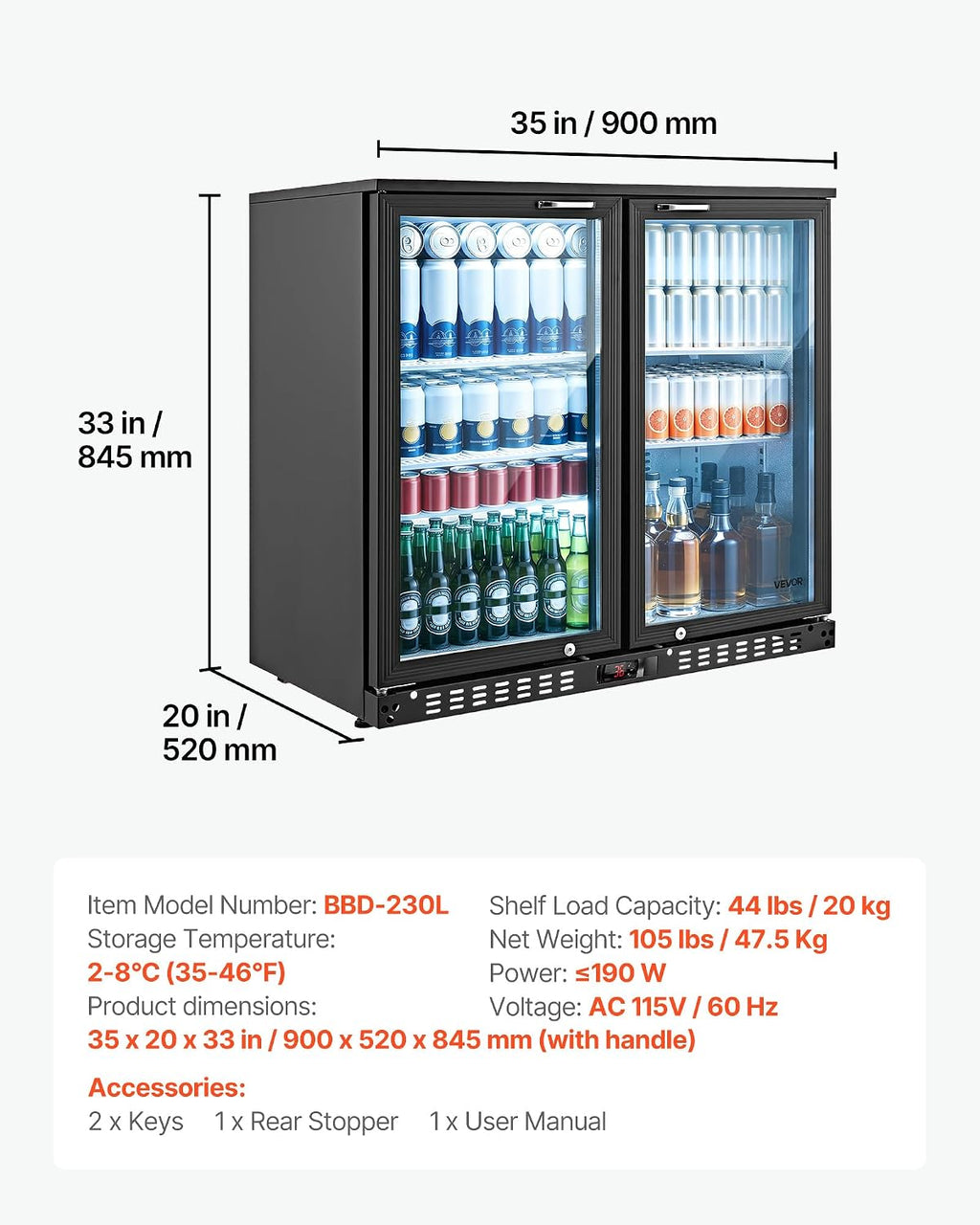 VEVOR Back Bar Cooler, 7.4 Cu. Ft Commercial Beverage Refrigerator, Under Counter Bar Fridge with 2 Glass Doors, LED Lighting, Shelves, Low-E Glass Display Cooler for Beer, Soda, Wine, Drinks