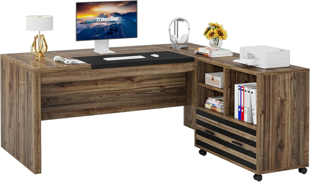 Tribesigns 62.2' Executive Desk with Mobile File Cabinet, L-Shaped Office Desk with Storage Shelves, Large Computer Desk Business Workstation Set for Home Office, Light Brown