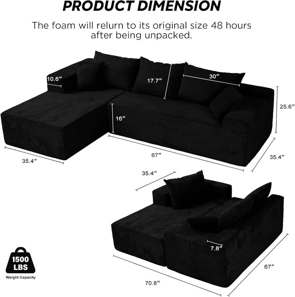 Black Sectional Couches for Living Room, Boneless Couch with L-Shape Chaise, Modular Sofa in Box with Deep Seat, No Assembly Required