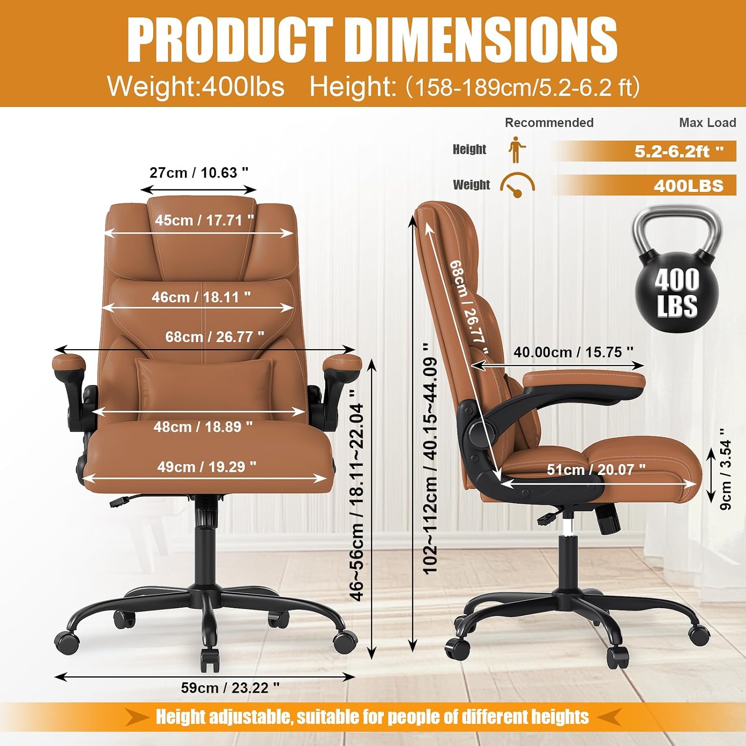 Executive Office Chair with Flip-up Armrests,Ergonomic Computer Desk Chairs,Mid-Tall Back Leather Office Chair 400 Lbs,Lumbar Support Swivel PC Chair with Rocking Function