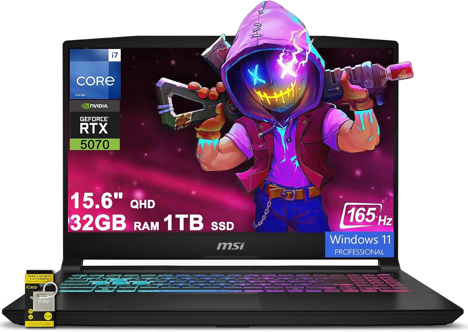 msi Katana 15 HX Gaming Laptop 15.6' QHD IPS 165Hz (100% DCI-P3) Intel 16-core i7-14650HX (>i9-12900H) 32GB DDR5 1TB SSD GeForce RTX 5070 DLSS4 (Up to 798 AI Tops) RGB Backlit Type-C Win11Pro ICP Hub