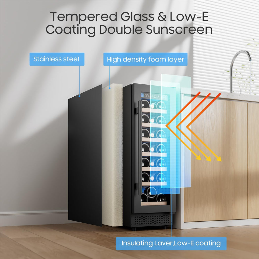 12' Wine Cooler Refrigerator 21 Bottle Wine Fridge Built-in or Freestanding with Double-Layer Tempered Glass Door Compressor quick cooling, Low Noise