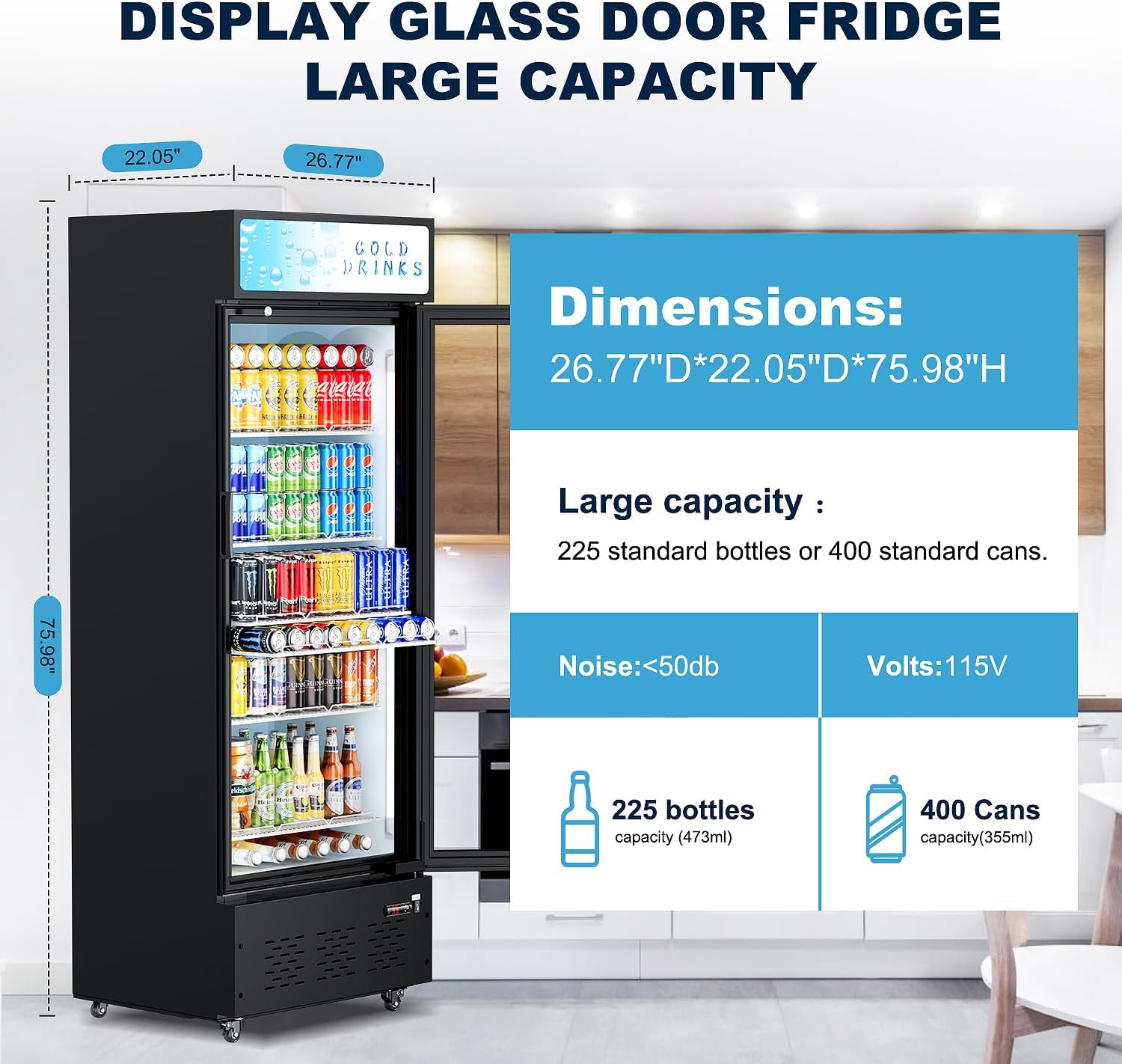 25.7'' W Commercial Refrigerators with Glass Door, 15 Cu.ft. Beverage Refrigerators Commercial Fridge Upright Display Cooler with Soft LED Light and Adjustable Shelves for Restaurant Stores