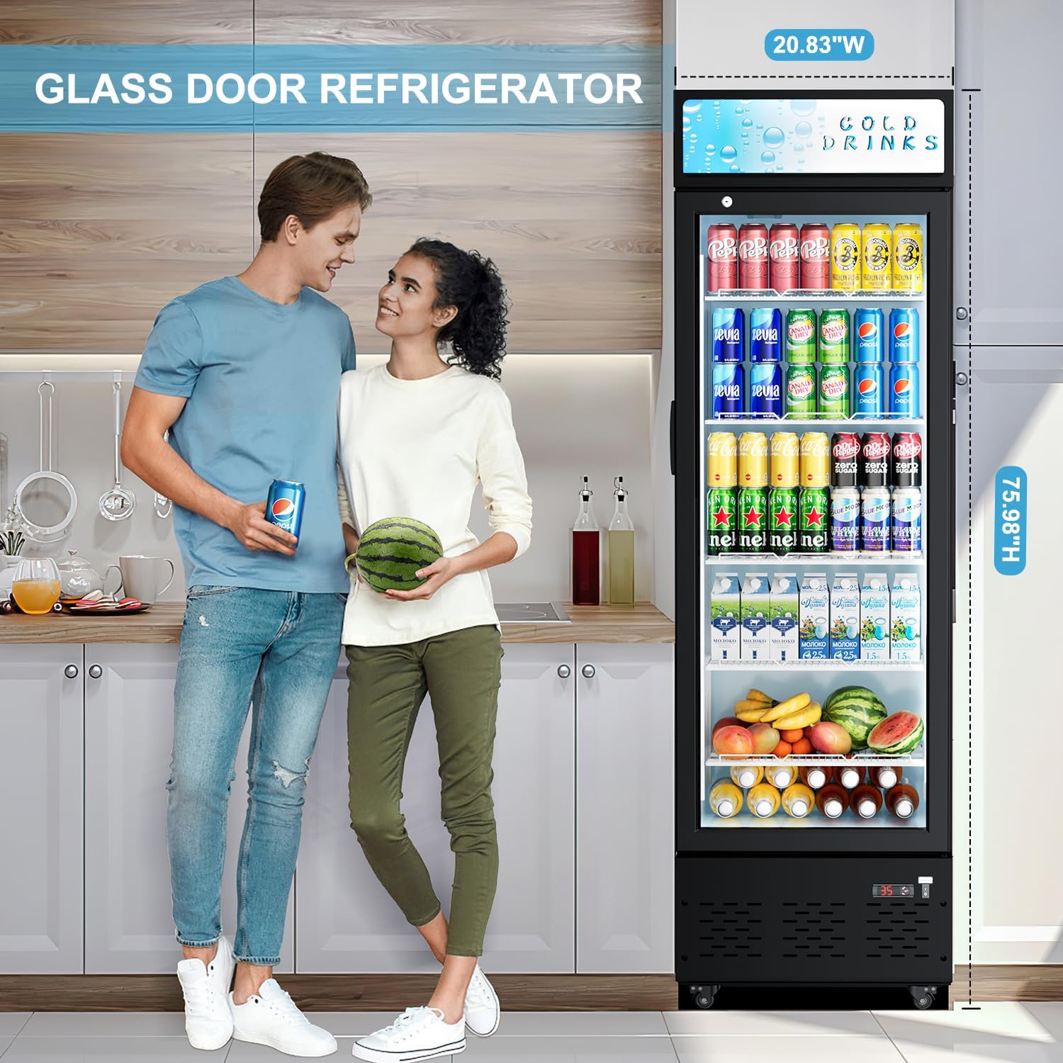 20.8''W Commercial Refrigerators, 11 Cu.ft. Glass Door Beverage Refrigerators Commercial Fridge Upright Display Cooler with Soft LED Light and Adjustable Shelves for Restaurant Grocery Stores