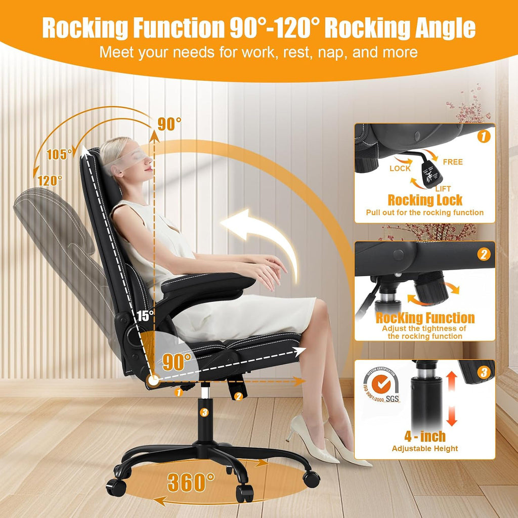 Executive Office Chair with Flip-up Armrests,Ergonomic Computer Desk Chairs,Mid-Tall Back Leather Office Chair 400 Lbs,Lumbar Support Swivel PC Chair with Rocking Function