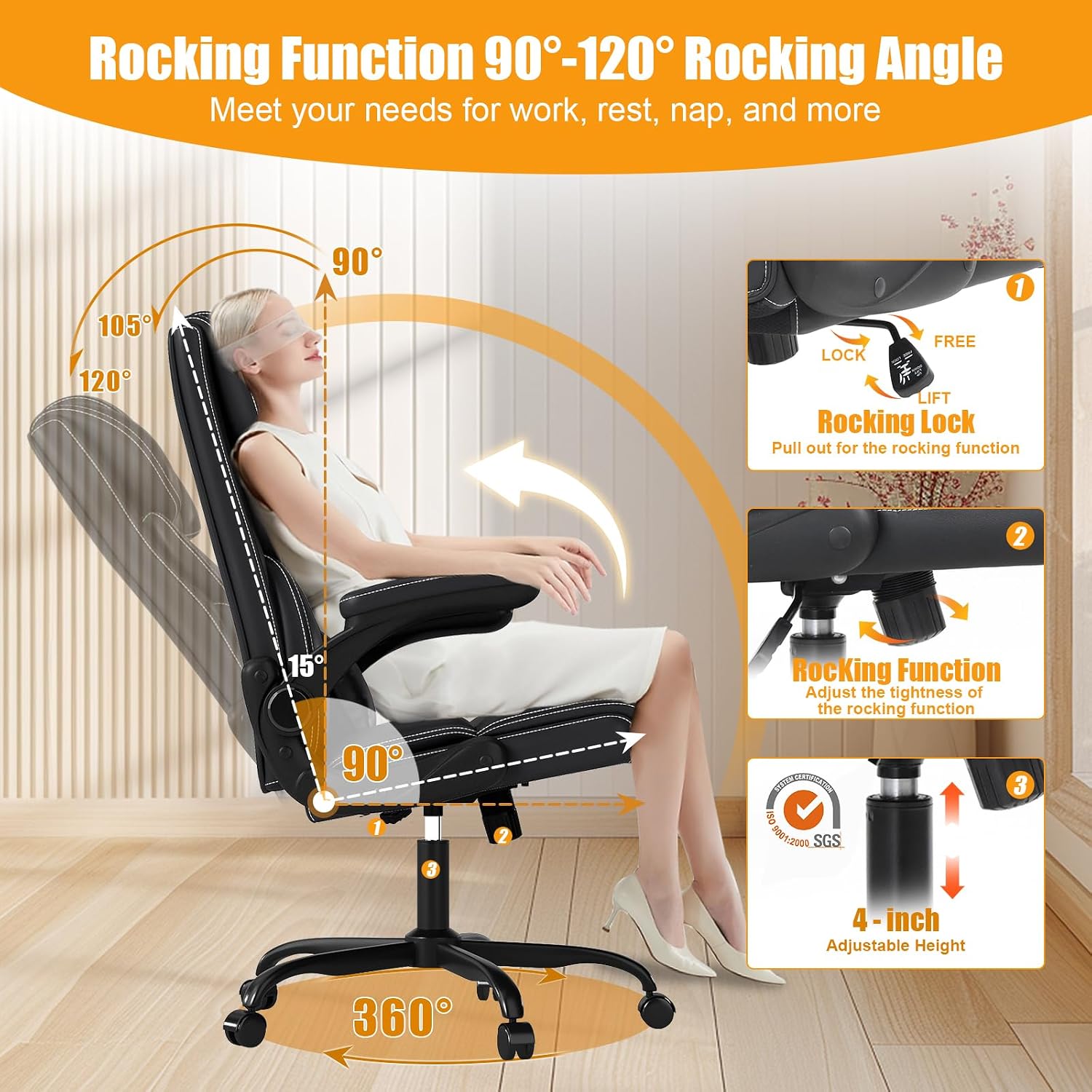 Executive Office Chair with Flip-up Armrests,Ergonomic Computer Desk Chairs,Mid-Tall Back Leather Office Chair 400 Lbs,Lumbar Support Swivel PC Chair with Rocking Function