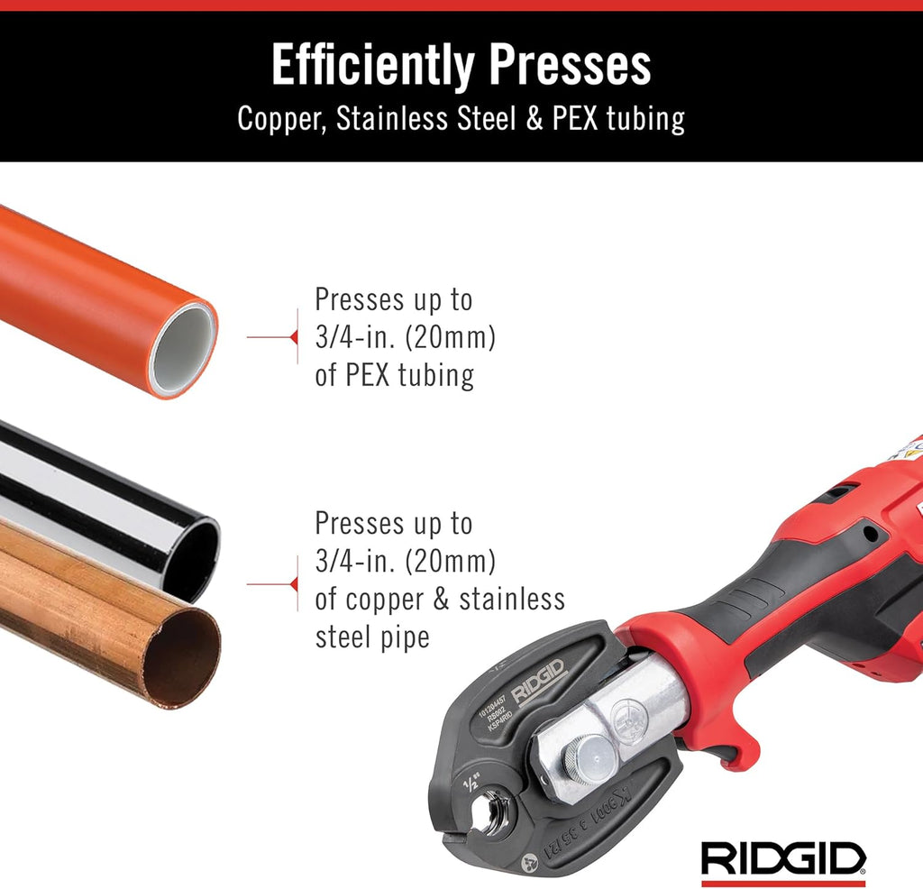 RIDGID 72558 Model RP 115 Mini Press Tool and Battery Kit with 1/2' to 3/4' ProPress and PureFlow Press Tool Jaws, 2V Li/Ion Battery, 12V Charger, and Carrying Case