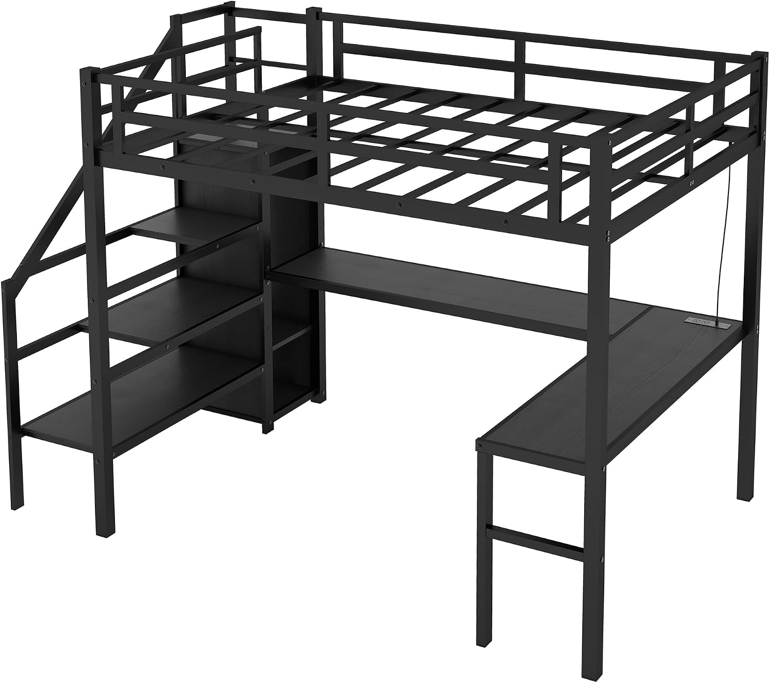 Metal Twin XL Size Loft Bed with Desk and Wardrobe,Heavy Duty Loft Bed Frame with Storage Stairs,LED Lights and Charging Station for Kids,Teens,Adults,Space Saving,Black