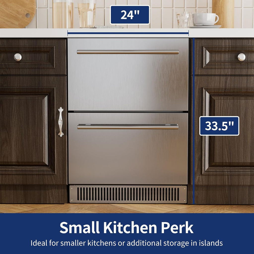Coolski 24 Inch Under Counter Beverage Refrigerator Drawers, Built-in/Freestanding Stainless Steel Outdoor Refrigerator for Patio, Low Noise Beverage Cooler for Home, Bar, Kitchen, ETL, NSF Approved