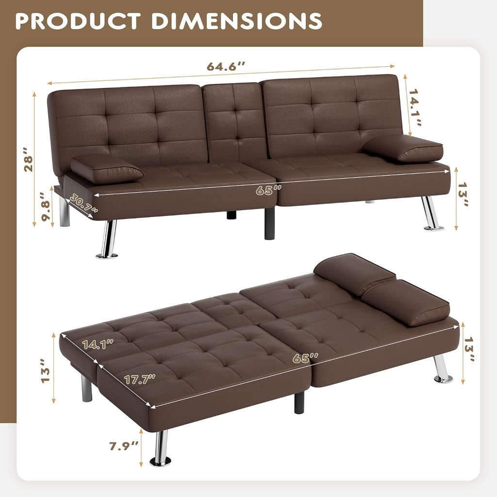 Homall Futon Sofa Bed, Leather Futon Couch with Removable Armrests, Adjustable Recliner Sleeper Sofa Bed with Dual Cup Holders for Living Room, Apartment, Office (Brown)