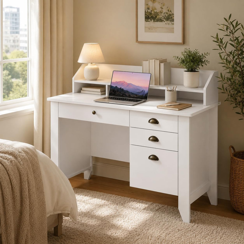 4 EVER WINNER White Desk with Drawers, 47'' Small Desk with File Drawer for Small Spaces, Wood Computer Desk with Monitor Stand for Home Office, Bedroom, White