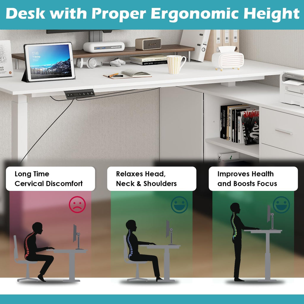 Homsee Home Office L Shaped Electric Standing Desk with Drawers and Shelves, Height Adjustable & Shape Reversible Stand up Desk, 63' Computer Executive Corner Table, White