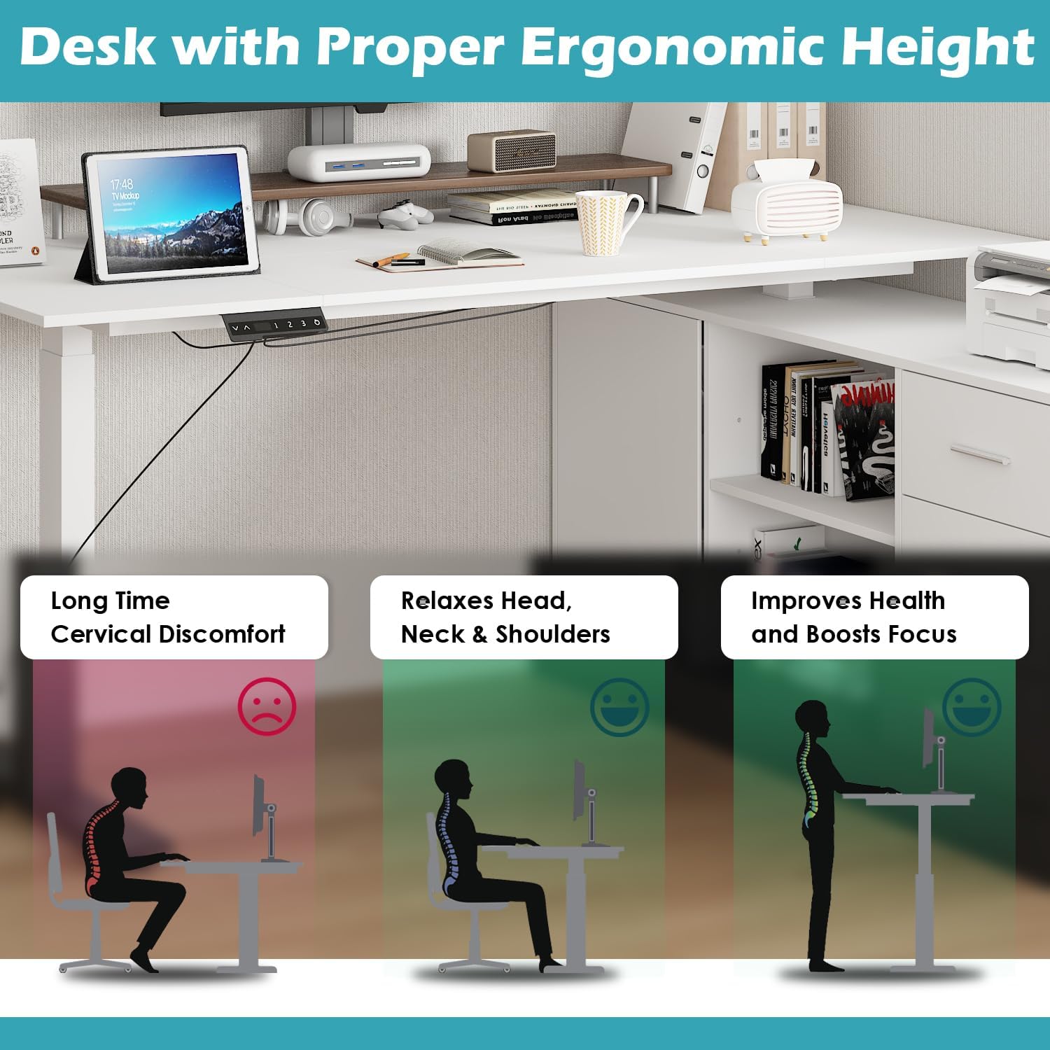 Homsee Home Office L Shaped Electric Standing Desk with Drawers and Shelves, Height Adjustable & Shape Reversible Stand up Desk, 63' Computer Executive Corner Table, White
