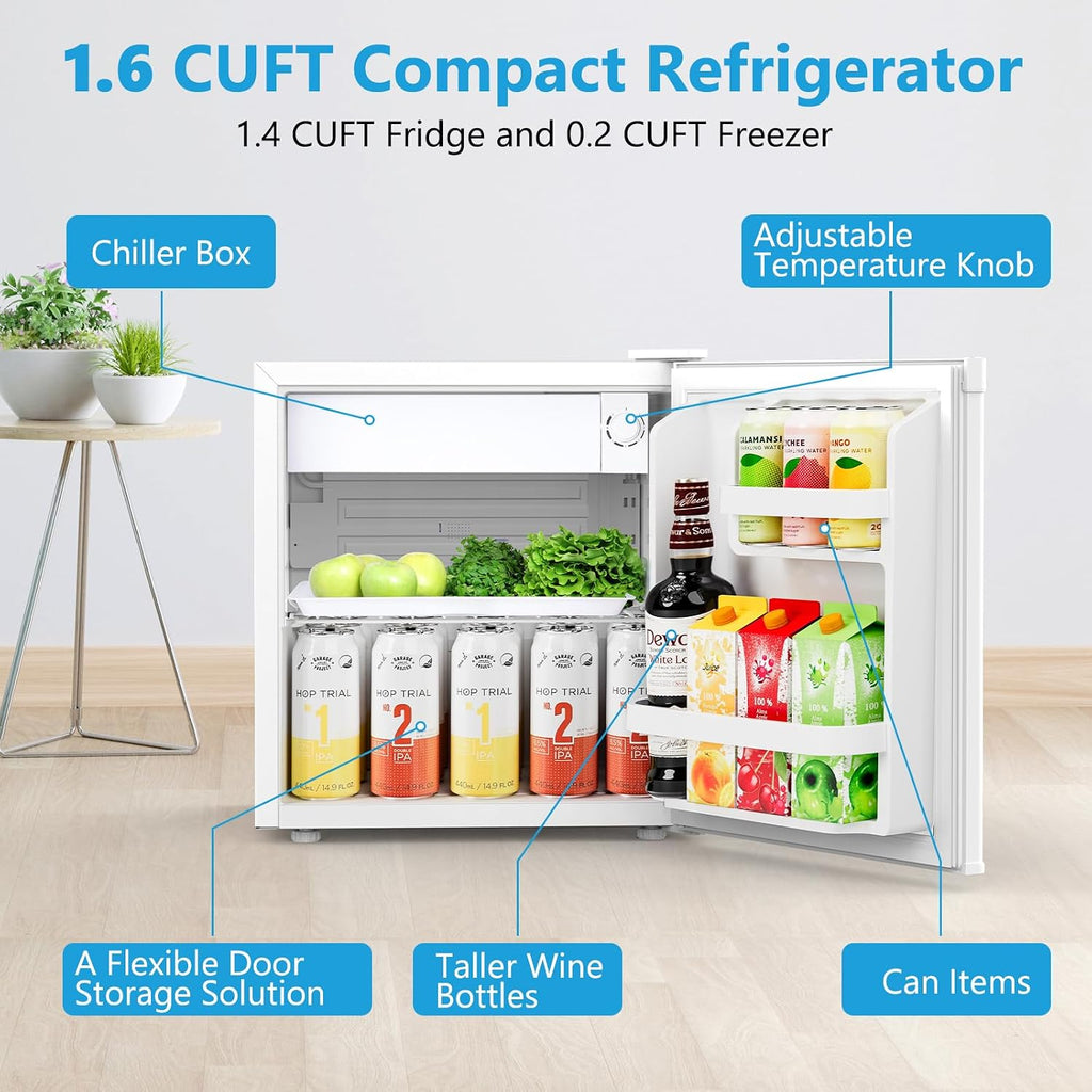 Electactic 1.7 Cu.ft Mini Fridge with Freezer, Compact Refrigerator, Single Reversible Door, Ultra Quiet, Energy Efficient for Office, Dorm, Bedroom, Apartment, White