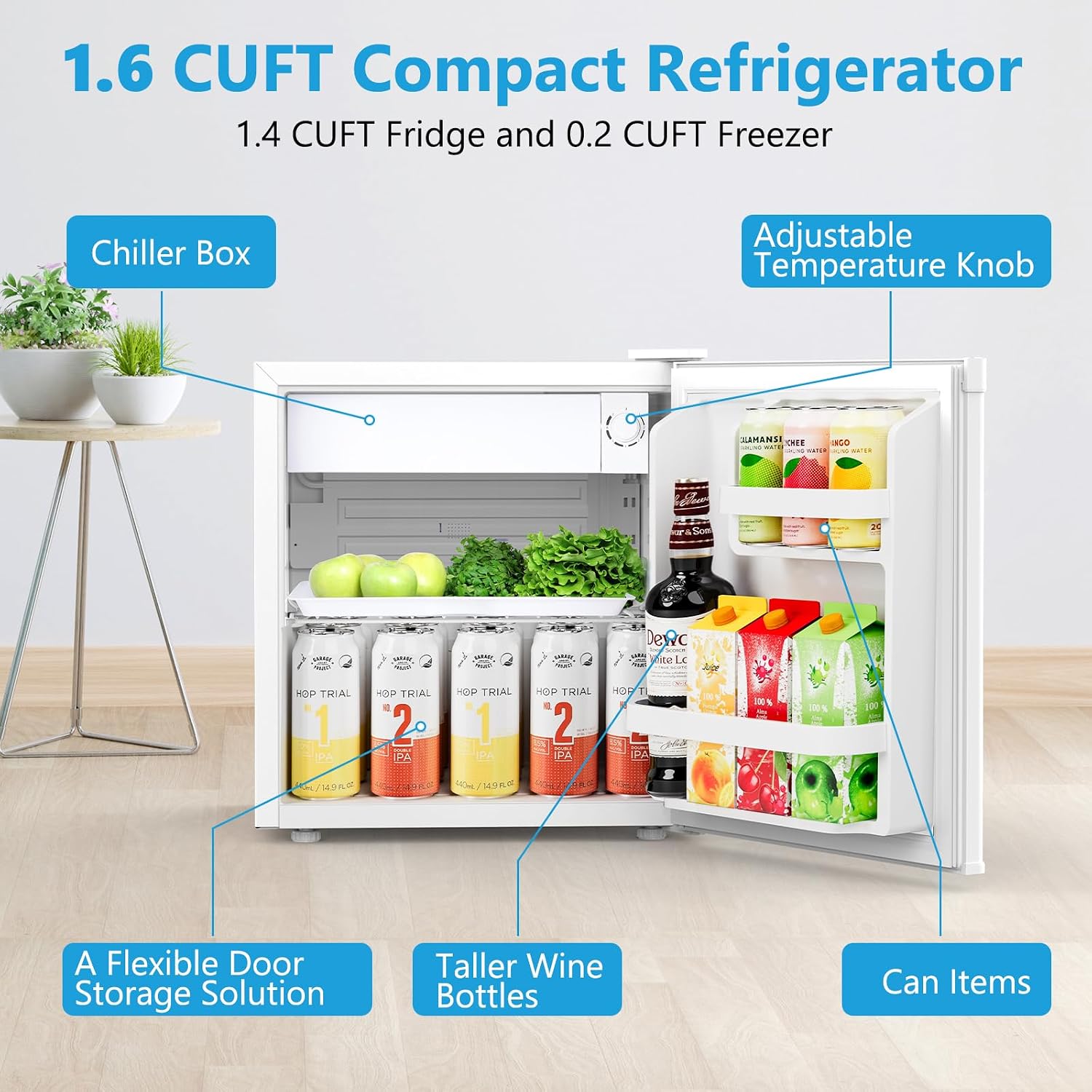 Electactic 1.7 Cu.ft Mini Fridge with Freezer, Compact Refrigerator, Single Reversible Door, Ultra Quiet, Energy Efficient for Office, Dorm, Bedroom, Apartment, White