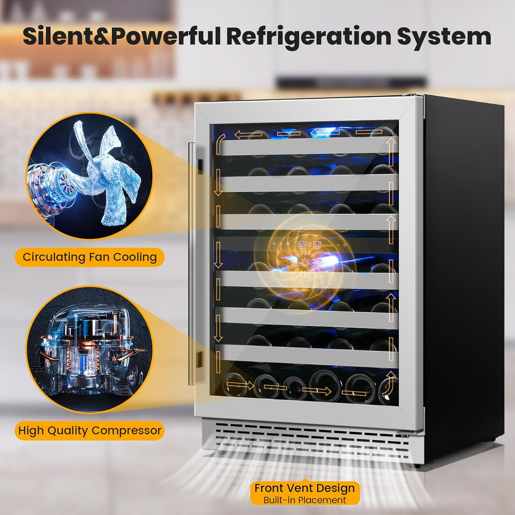 24 Inch Wine Cooler & Fridge Under Counter,54 Bottle Dual Zone Wine Cooler,New Upgrade Compressor,Blue Light Built-in/Freestanding,Reversible Stainless Steel Door Wine Fridge for Home/Kitchen