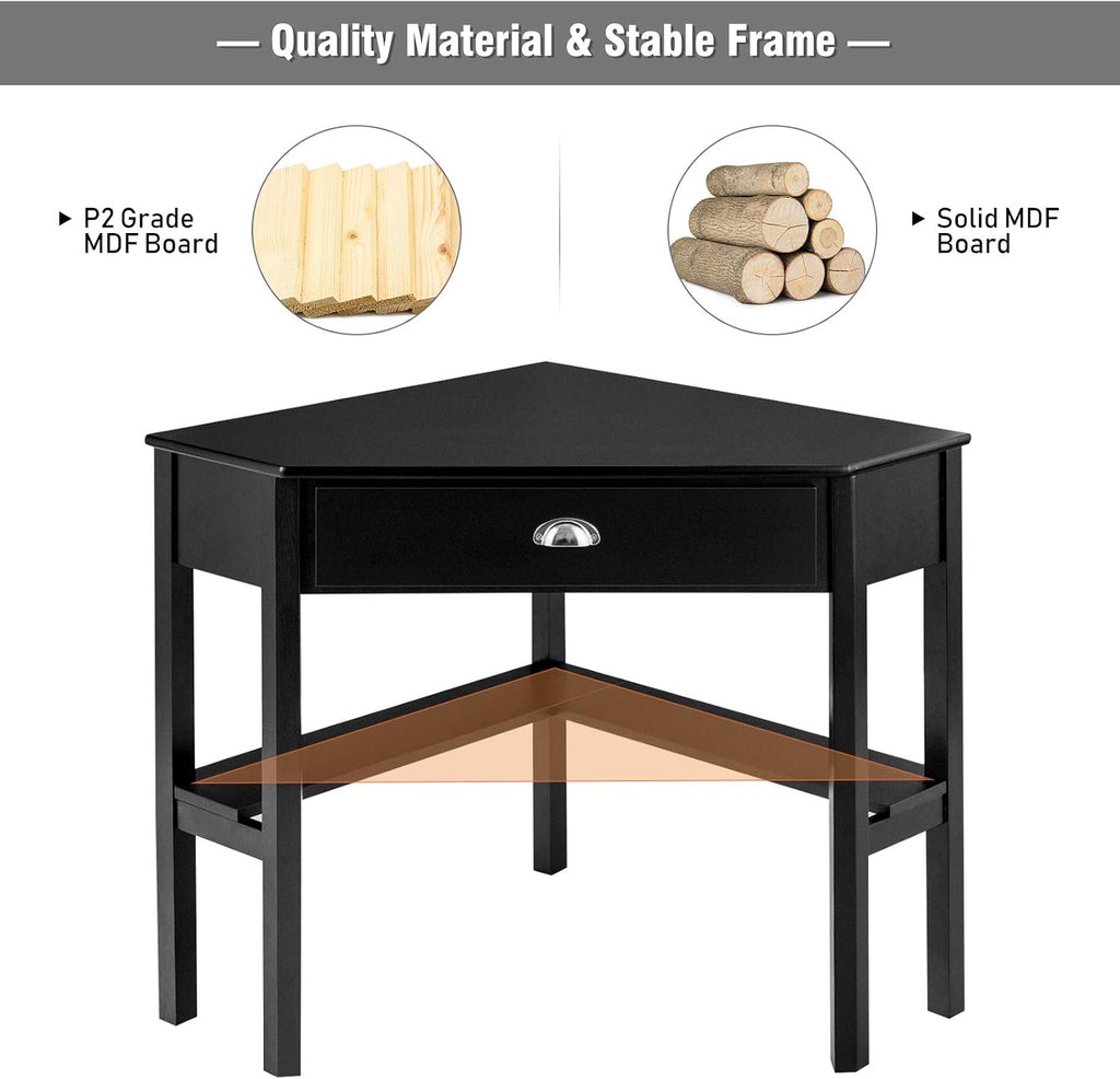 COSTWAY Corner Desk with Drawer for Small Space, Wood Makeup Vanity, Shelves, Office Study Workstation (Black)