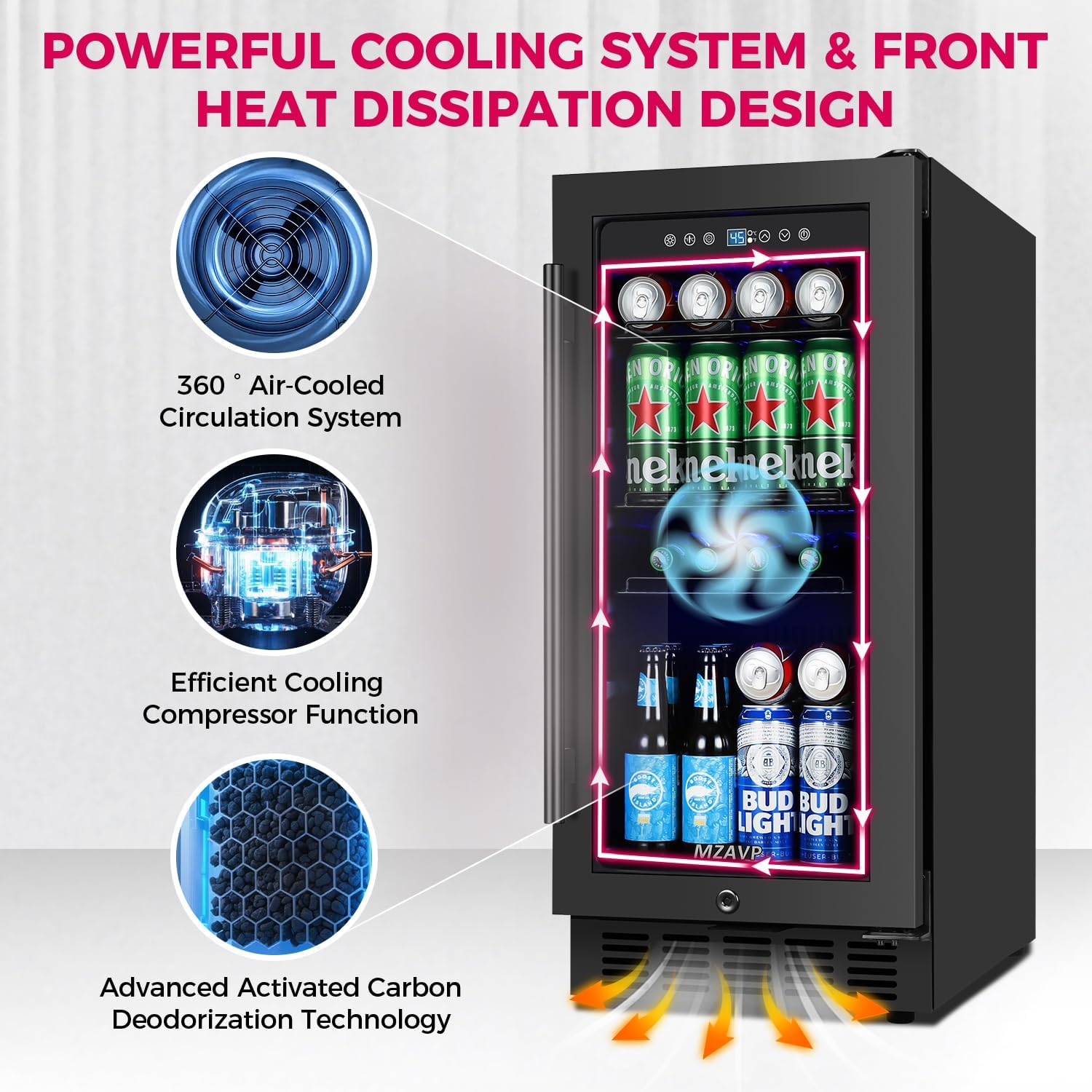 15 Inch Beverage Cooler Refrigerator, 15' Beverage Cooler Under Counter 130 Cans Beverage Fridge with Glass Door, Freestanding or Built-In Mini Drinks Fridge with Lock for Soda, Beer, Black
