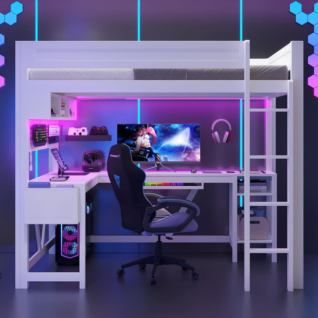 Virubi Full Gaming Loft Bed with Desk and Storage Shelves, LED RGB and Charging Station, Wood High Loft Bed with Storage Case, Ladders,and Guardrails for Adults Teens (White)