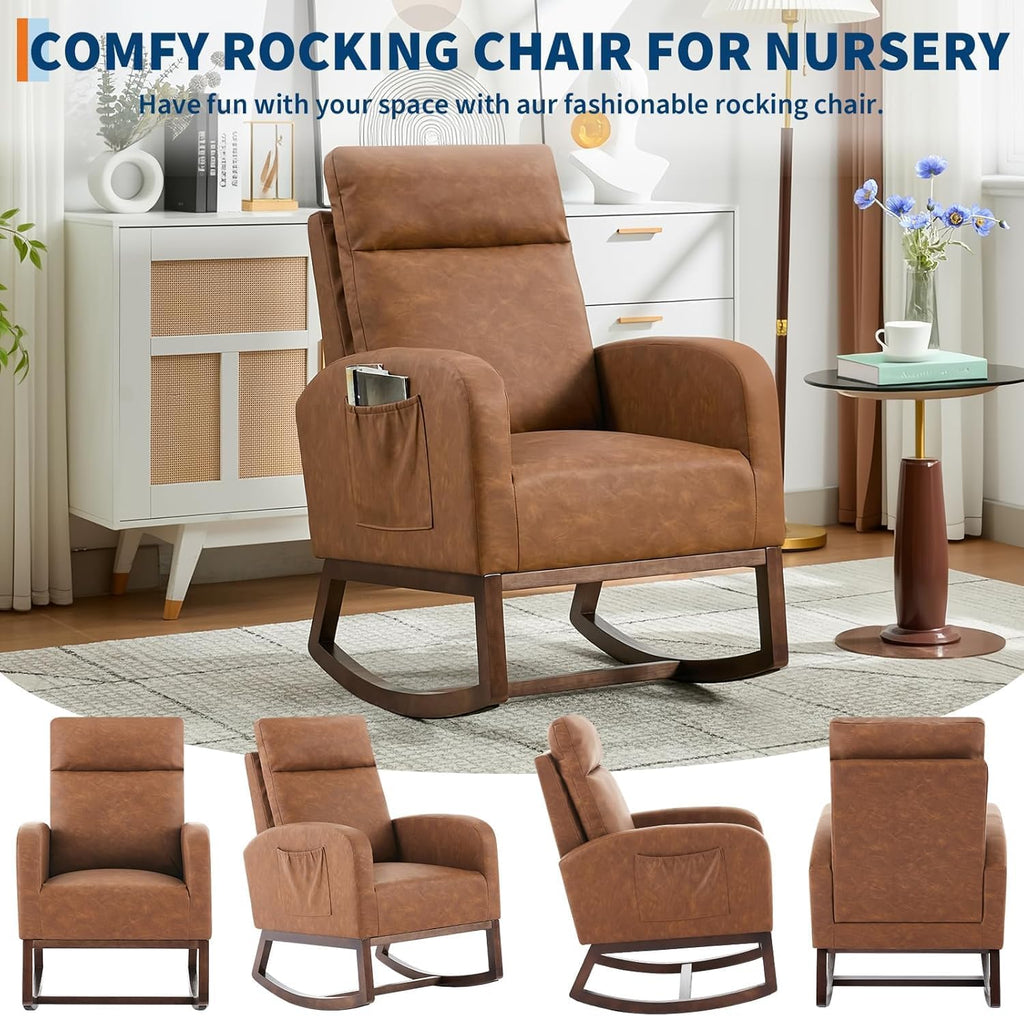 Nursery Glider Rocking Chair with 2 Side Pockets - Solid Wood Legs, Cozy Armchair for Baby Room, Living Room, Bedroom, Comfortable Nursery Essential(Rustic Brown)
